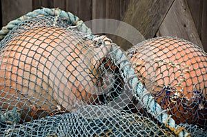 Heap of colorful buoys and fishnet - 1