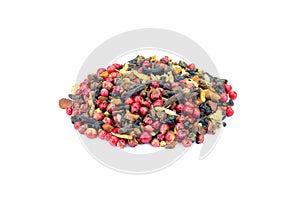 Heap of colorful loose green Chai tea on white background