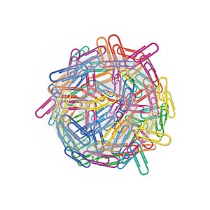Heap of colorful paper clips in different colors red, green, blue, pink or orange isolated on white background. Design element for