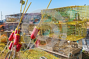 Fishing buoys and lobster pots in a harbour on asunny day