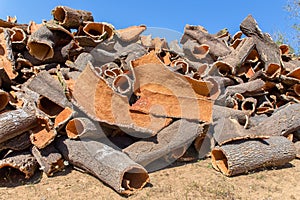 Heap of cork tree bark as raw material