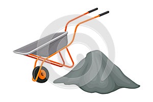 Heap of Crushed Stone and Trolley Rested Nearby Vector Illustration