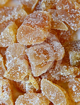 A heap of crystallized/crystallised ginger pieces