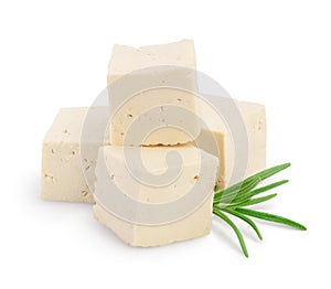 Heap of diced tofu cheese isolated on white background with clipping path and full depth of field,