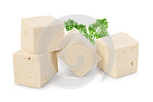 Heap of diced tofu cheese isolated on white background with clipping path and full depth of field,