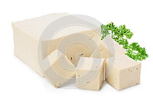 Heap of diced tofu cheese isolated on white background with clipping path and full depth of field,