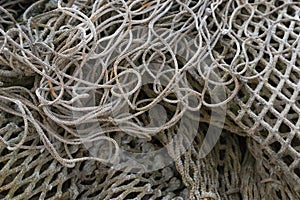 Heap of different old fishing nets