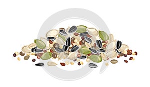 Heap of different seeds isolated on a white background. Sunflower, pumpkin, sesame, flaxseed, quinoa and hemp seeds.