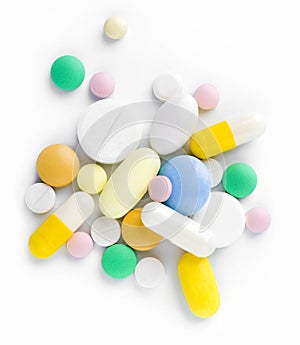 Heap of different tablets, pills and capsules