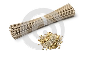 Heap of dried buckwheat seeds and buckwheat noodles