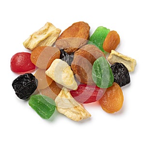 Heap of dried fruit, tutti frutti, on white background close up