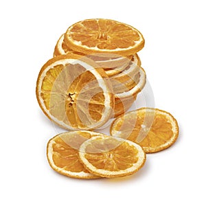 Heap of dried orange slices isolated on white background