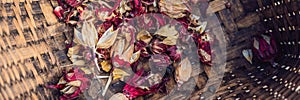 Heap of dried roselle flower. Red fruit tea carcade. Hibiscus sabdariffa. Top view BANNER, long format