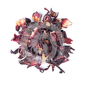 Heap of dried roselle flower tea carcade