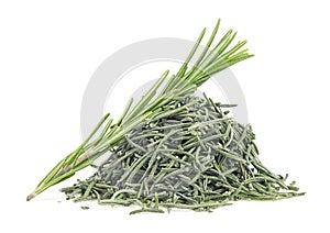 Heap of dried rosemary and fresh rosemary twig isolated on white background. Ground seasoning, herbs and spices