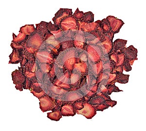 Heap of dried strawberries on a white