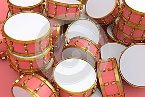 Heap of drums or drumset lying on white background