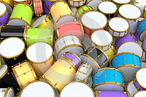 Heap of drums or drumset lying on white background