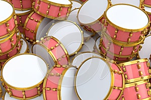 Heap of drums or drumset lying on white background