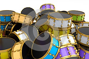 Heap of drums or drumset lying on white background