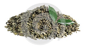 Heap of dry green tea leaves on white background