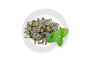 Heap of dry herbal mint tea and fresh peppermint on background, isolated