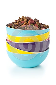Heap of dry pet food in plastic bowl