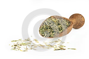 Heap of Dry thyme in wooden spoon or shovel isolated on white background