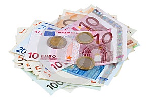 Heap of euro banknotes and coins