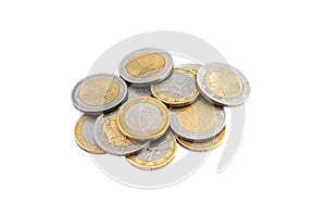 Heap of euro coins isolated on white