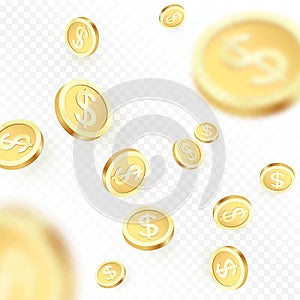 Heap falling golden coins isolated on transparent background. Shiny metal dollar rain. Casino jackpot win. Vector illustration