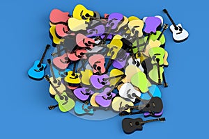 Heap of flying acoustic guitars isolated on blue background.