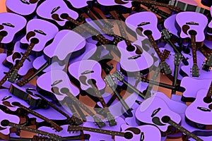 Heap of flying acoustic guitars isolated on pink background.
