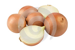 Heap of fresh beige onion bulb isolated on white background