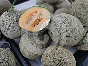 Heap of fresh cucumis melo fruits.