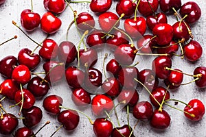 Heap of fresh ripe cherries, top view