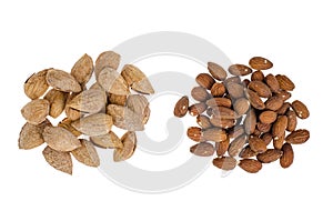 Heap of fresh unpeeled almonds isolated on white background
