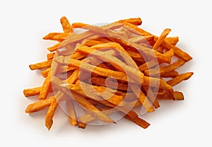 Heap of fried sweet potato chips over white photo