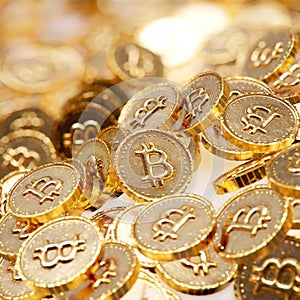 Heap of gold coins with bitcoin sign.