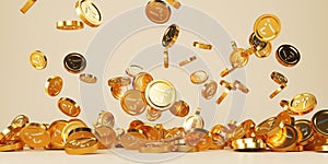 Heap of gold dirham coins falling on beige background