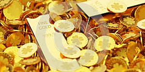 Heap of gold money coins and gold bars, ingots or bullions with selective focus, wealth, savings or finance concept