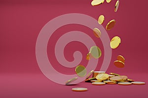 Heap of golden coins falling on red background. Business concept.3D illustration