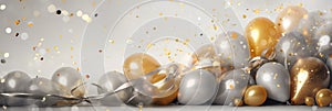 Heap of golden and silver gray metallic balloons and confetti on glistering background. Birthday, holiday or party background.