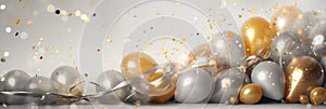 Heap of golden and silver gray metallic balloons and confetti on glistering background. Birthday, holiday or party background. photo