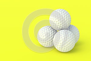 Heap of golf balls on yellow background. Sports Equipment. Leisure and hobby games. Luxurious tournaments photo