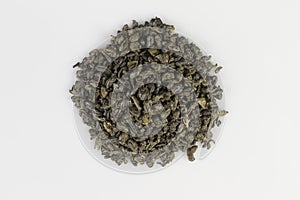 Heap of green gunpowder tea pellets