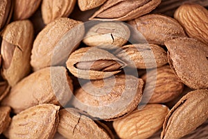 Heap of inshell almonds and peeled kernels close-up