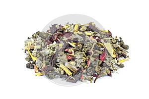 Heap of loose biological Wonder World tea on white