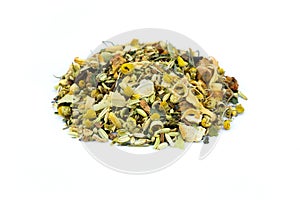 Heap of loose mixture of herbal tea on white background