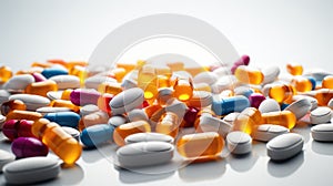 Heap of medicine colorful pills and capsules white background